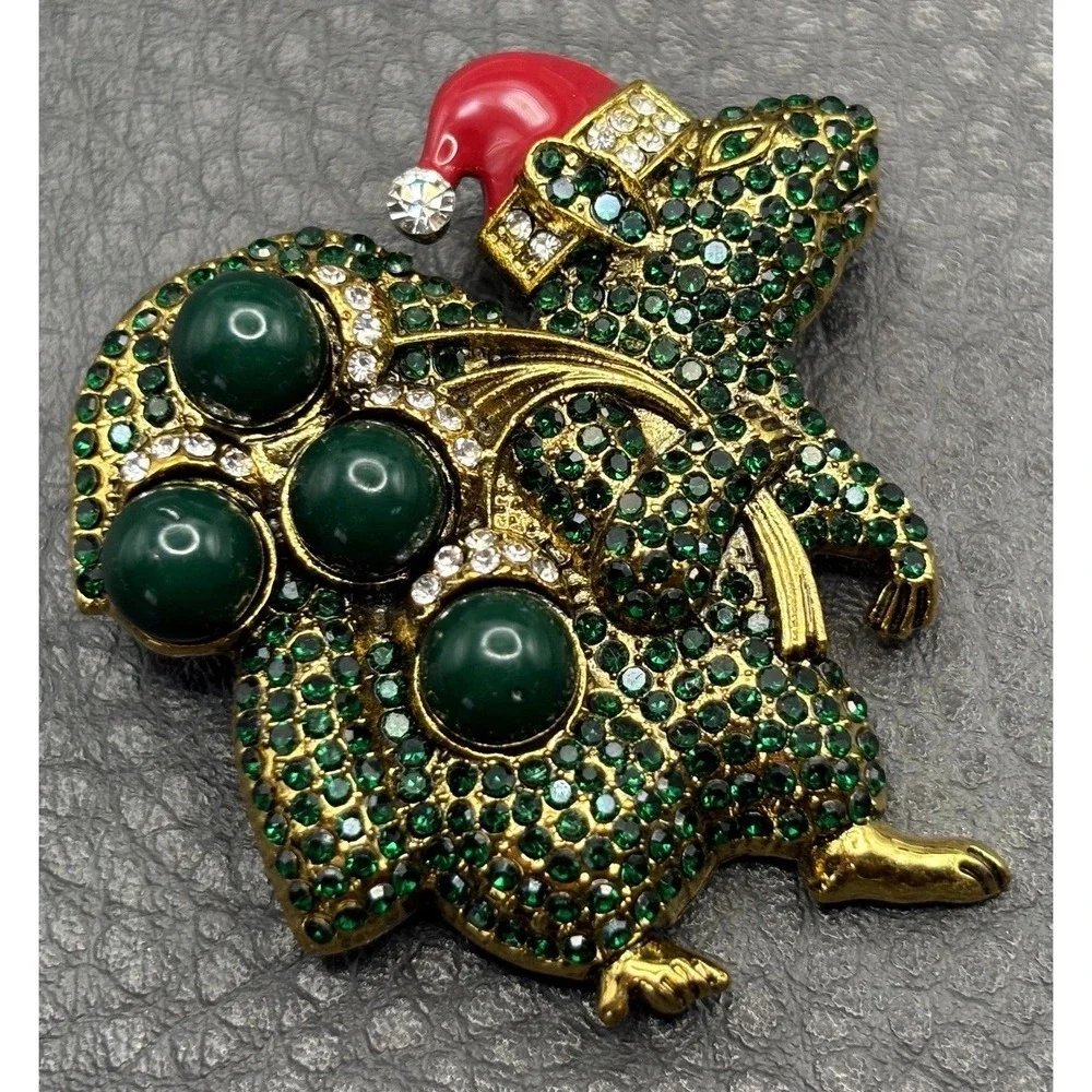 Christmas Mouse Santa Brooch Green Rhinestone Red Enamel Hat Gold Tone